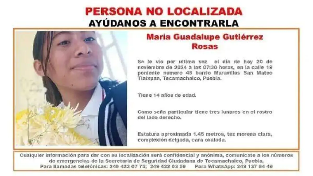 Ayuda a buscar a María Guadalupe, desaparecida en Tecamachalco